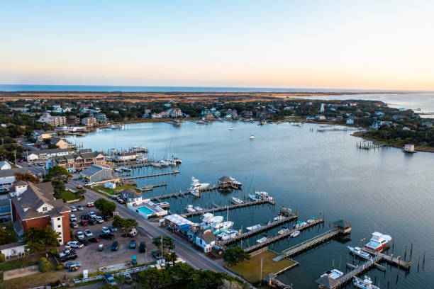 Aerial View of the Harbor and buildings surrounding Silver Lake on Ocracoke Island in North Carolina Aerial View of the Harbor and buildings surrounding Silver Lake on Ocracoke Island in North Carolina ocracoke island stock pictures, royalty-free photos & images