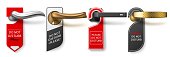 istock Metal door handle with hangers. Realistic gold, bronze and steel metallic modern interior accessory, dark 3d hotel handles with cardboard tags, do not disturb. Hotel labels. Utter vector set 1443358687