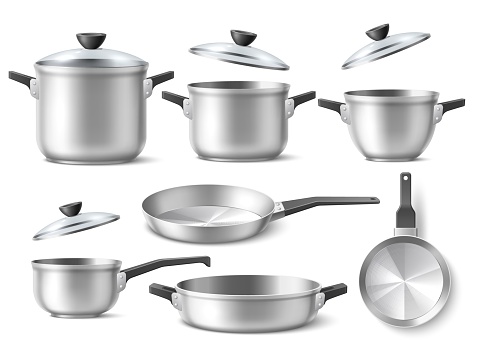 Realistic pots and pans. Shiny metal cookwares, 3d isolated utensils, glass lids, silver cooking saucepan, kitchen stainless objects different angles view, home and cafe kitchenware, utter vector set