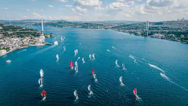 Photo of Aerial view of sailing race, international sailing race, sailing race in the Bosphorus, water sports competition, global competitions, summer sports events, summer events, grand tournament, aerial view of boats in the Bosphorus