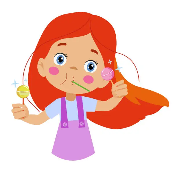 Vector illustration of Funny girl holding lolipop Cute cartoon kid with sweet candy