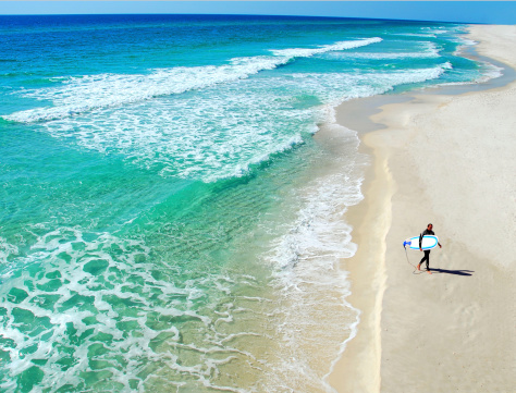 Lone surfer walking on deserted beach next to beautiful ocean