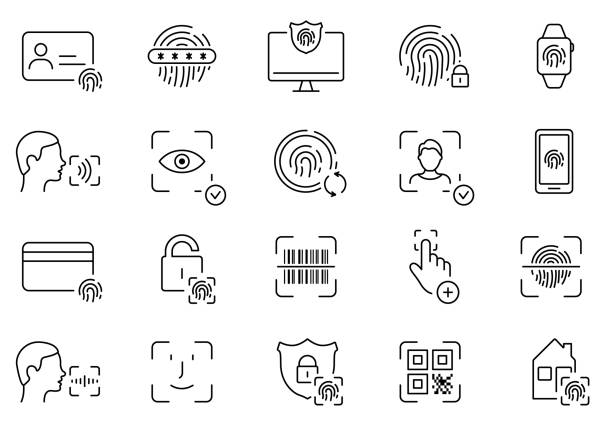 ilustraciones, imágenes clip art, dibujos animados e iconos de stock de conjunto de iconos de línea de identificación biométrica. face id, pictograma lineal touch id. huella digital, símbolo de contorno de contraseña de identidad facial. verificación de seguridad. trazo editable. ilustración vectorial aislada - fingerprint identity id card biometrics