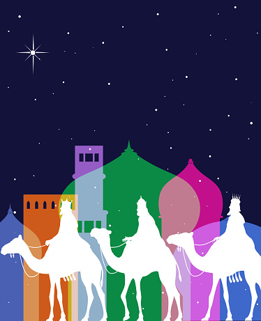 Colourful silhouettes of the Three wise men - three kings. Christmas, Religion, Christianity, winter, celebration, Star, Bethlehem, Nativity,