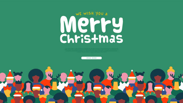 Merry Christmas diverse people crowd web template Merry Christmas web template illustration of diverse festive people crowd wearing xmas clothes and holiday decoration. Winter celebration event background for landing page. diverse family christmas stock illustrations