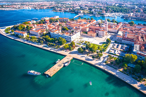 City of Zadar historic center and waterfront aerial panoramic view, tourist destination in Dalmatia region of Croatia
