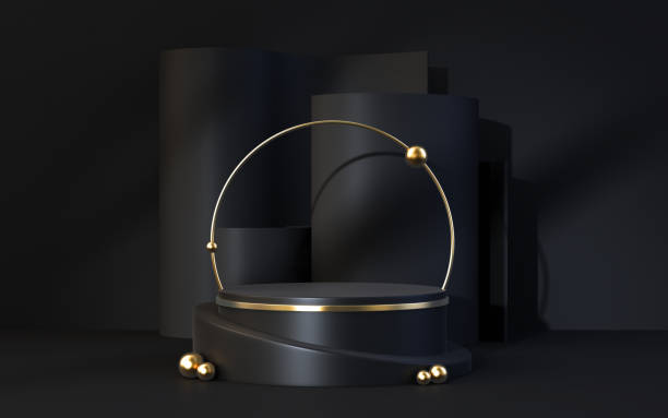 istock 3D podium on black wall background with gold decoration. Luxury gold display showcase for beauty product, cosmetic promotion. Abstract, exotic minimal banner mockup, 3D render - stock photo 1443368680