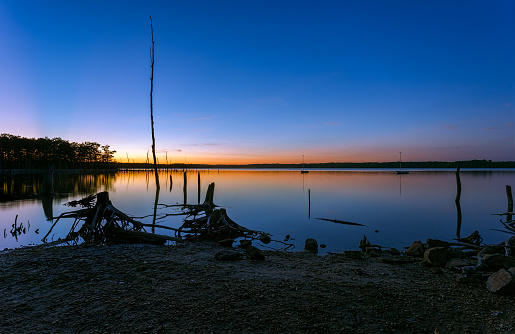 Manasquan Reservoir in New Jersey, USA about 20 minutes after sunset during the blue hour