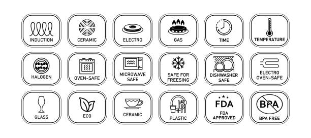 A large set of cookware labeling icons in an oval frame. Induction, gas, microwave, FDA approved, BPA free, etc. To indicate a surface, coating. Vector illustration A large set of cookware labeling icons in an oval frame. Induction, gas, microwave, FDA approved, BPA free, etc. To indicate a surface, coating. Vector electric stove burner stock illustrations