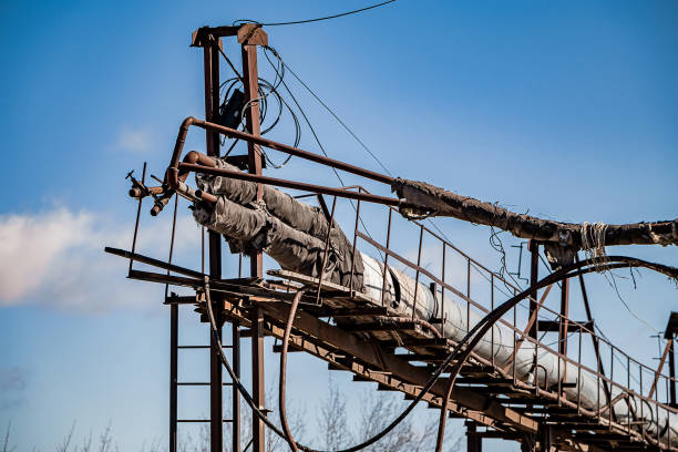 istock Old destroyed construction site. Rusty scaffolding and construction equipment. 1443371968