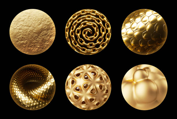 istock 3d render, set of round stickers with assorted gold textures. Clip art isolated on black background 1443373371