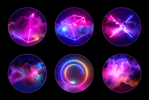 3d render, collection of neon round stickers, isolated on black background. Laser geometric line shapes and pink blue glowing clouds
