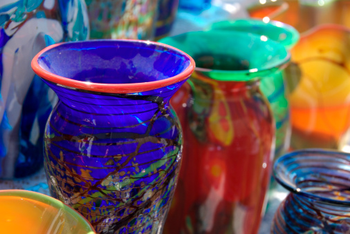 Colorful blown vases on display