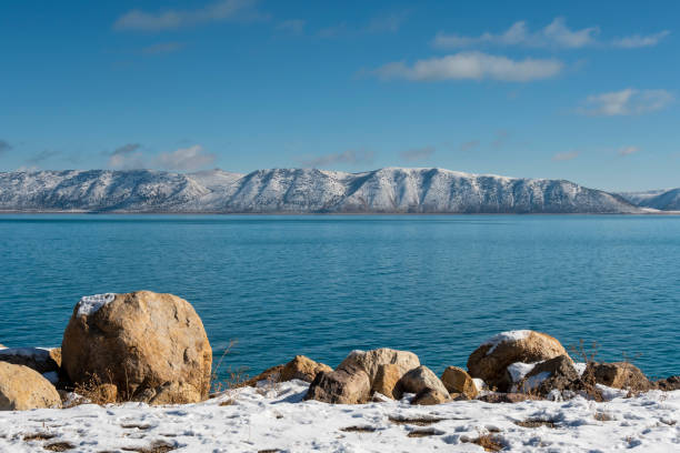 The shoreline of Bear Lake during the early winter in Utah.  Bear Lake spans the Utah, Idaho border and is a summer recreation area.
