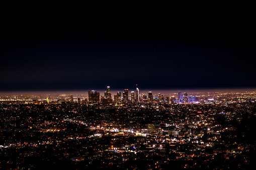 Beautiful view of the Los Angeles, California night skyline cityscape from the  Griffith Observatory