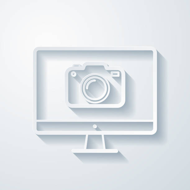 ilustrações de stock, clip art, desenhos animados e ícones de desktop computer with camera. icon with paper cut effect on blank background - conference call flash