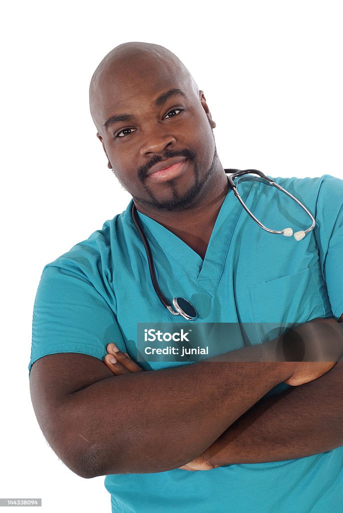 Helpful nurse Male nurse with a stethoscope, isolated on white Goatee Stock Photo