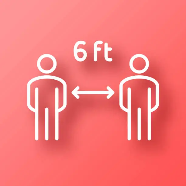 Vector illustration of Social distancing - 6 feet. Icon on Red background with shadow