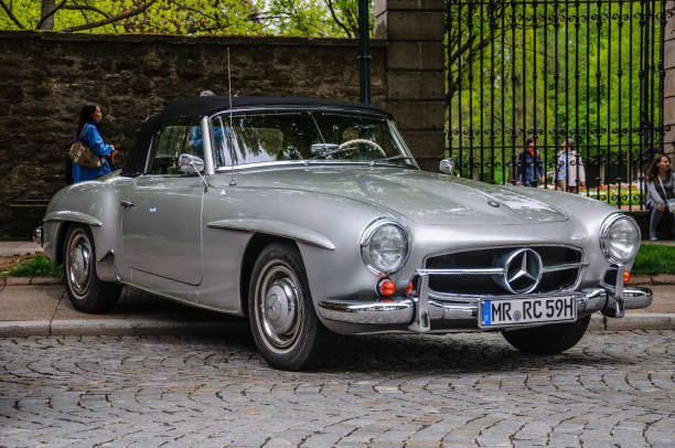Fulda, Germany - May 9, 2013: silver gray grey Mercedes-Benz 300SL cabrio roadster retro car