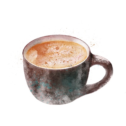 Brown cup with hot cappuccino coffee and cinnamon.
Watercolor illustration made in the Procreate graphic editor.