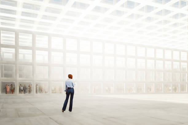 istock Woman walking modern office building lobby 1443383969