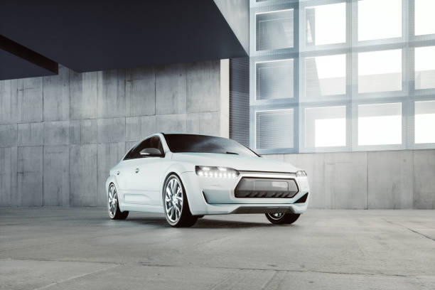 Parked vehicle in concrete garage Parked vehicle in concrete garage. 3D generated image. Vehicle is generic and not based on any real model or brand. generic description stock pictures, royalty-free photos & images