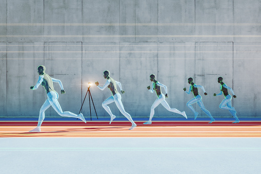 Ai assisted cyborg athletes in training. 3D generated image. Generic running track location.