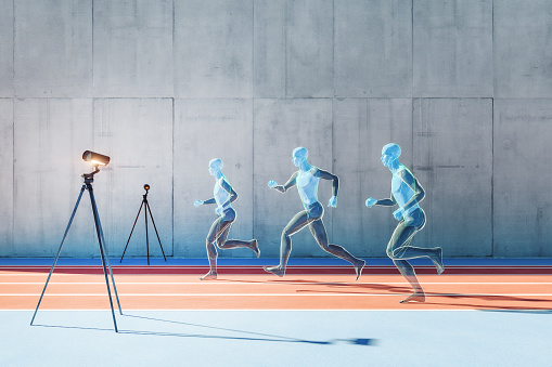 Ai assisted cyborg athletes in training. 3D generated image. Generic running track location.