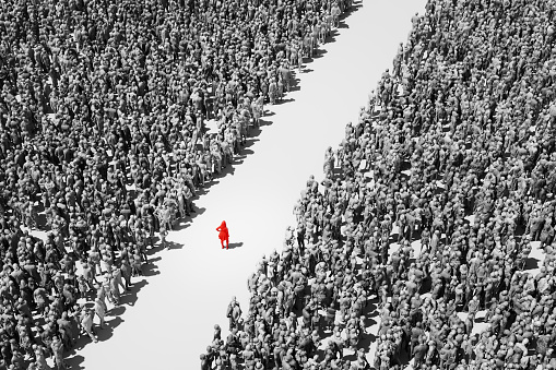 Woman standing in crowds of people. 3D generated image.
