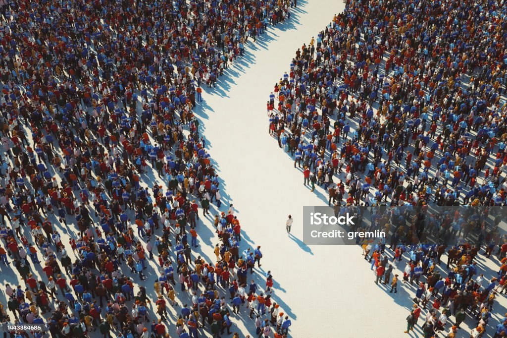Man walking in crowds of people Man walking in crowds of people. 3D generated image. Standing Out From The Crowd Stock Photo
