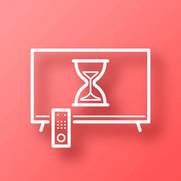Vector illustration of TV with hourglass. Icon on Red background with shadow