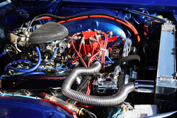 istock The engine compartment of a retro car with a powerful engine 1443385718