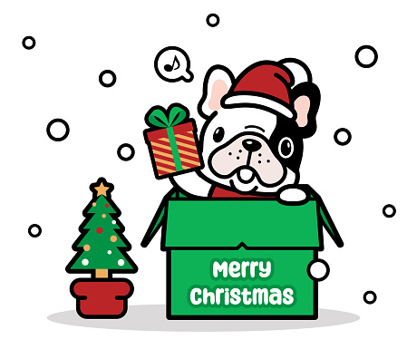 Cute Christmas Characters Vector Art Illustration.
A cute dog wearing a Santa hat in a box shows a Christmas present.