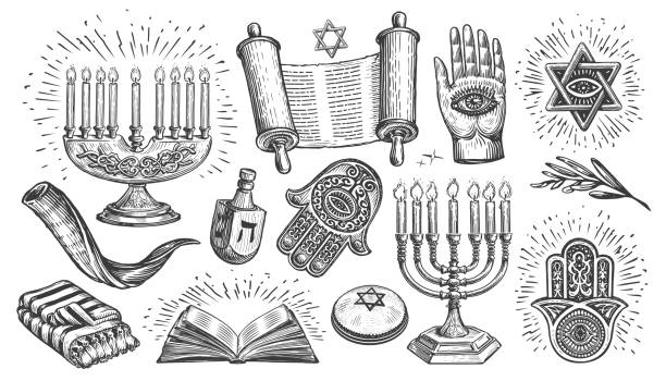 ilustrações, clipart, desenhos animados e ícones de conjunto judaico. ilustração vetorial do esboço vintage do conceito da religião. elementos de coleção para decoração de feriado religioso - yarmulke