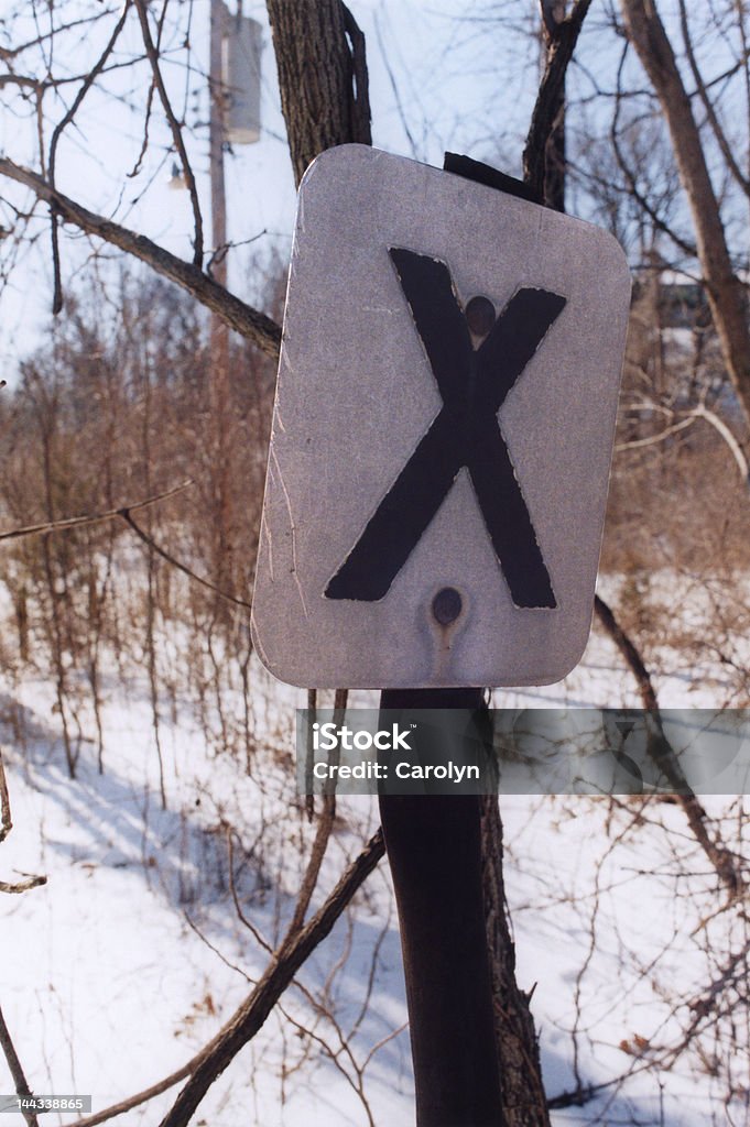 X Marks the Spot Metal sign with black X on it, on a tree in the snowy winter woods. Forest Stock Photo