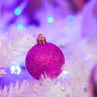 Focus on a shiny pink purple violet Christmas glitter bauble ball that is in front of a Christmas background. There are no people or trademarks in the shot.