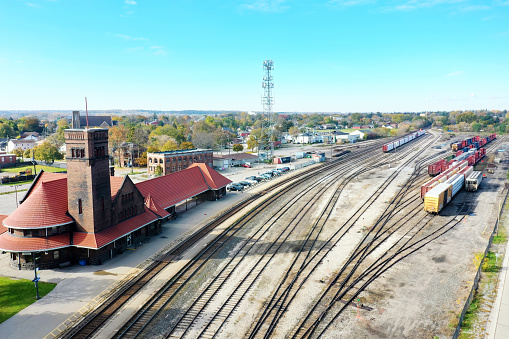 An aerial overhead view of historic Train Station in Brantford, Ontario, Canada. Built in 1905, it has a Heritage designation