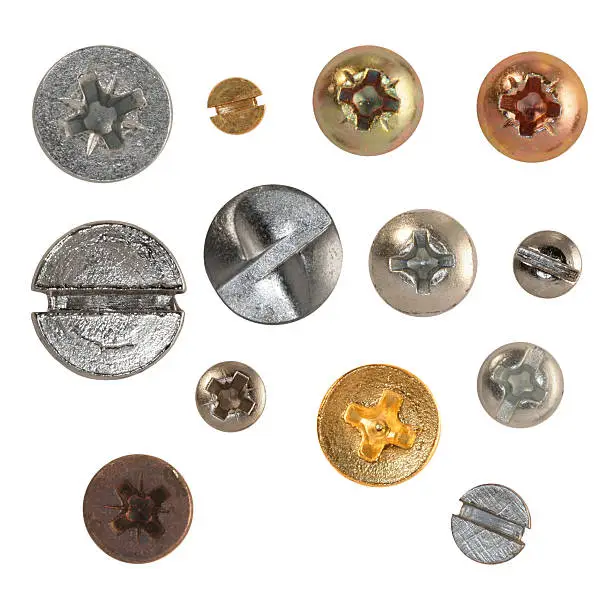 Thirteen isolated wood screws on white background - screw heads are very detailed!