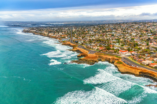 Aerial view of the Sunset Cliffs area of the community of Point Loma in the city of San Diego, California shot from an altitude of about 800 feet during a helicopter photo flight.