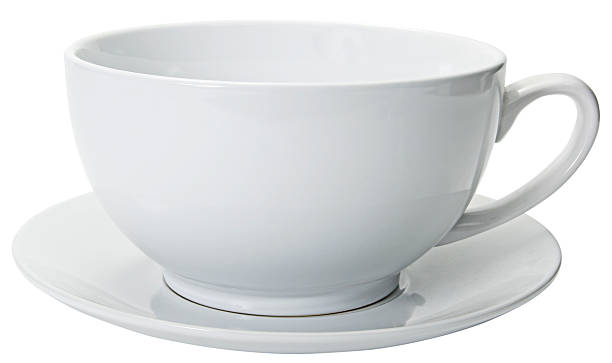 Extreme close-up of white coffee cup on white background stock photo