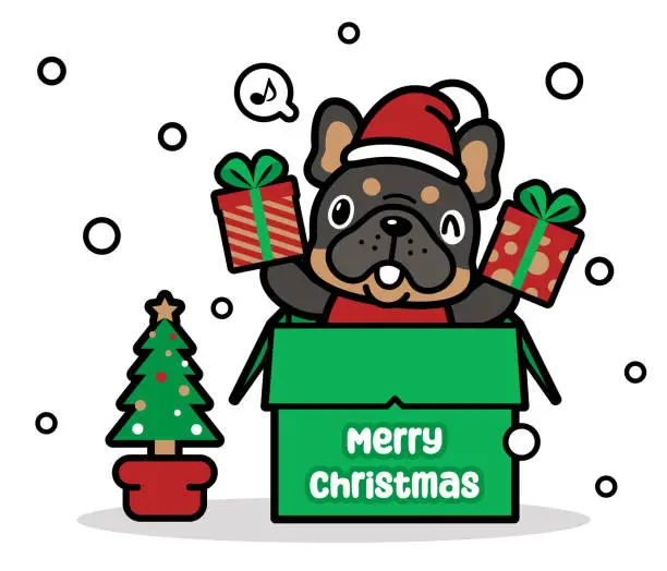 Vector illustration of A cute dog wearing a Santa hat in a box shows Christmas presents