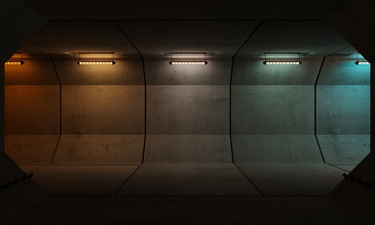 3d illustration. Background wallpaper concrete maze storm tunnels concept. Inner hopper or tunnel. Industrial construction, metro or secret laboratory.