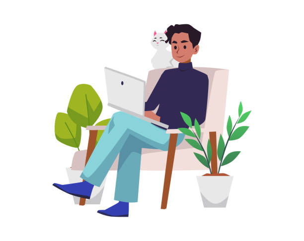 Stylish boy copywriter working at home with cat flat style Stylish boy copywriter working at home with cat flat style, vector illustration isolated on white background. Home office, distant work, young smiling character man sitting alone drawing stock illustrations