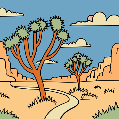 Joshua Tree National Park with Desert landscape with yuccas in the first plan and the mountains in the background. Hand drawn linear vector illustration