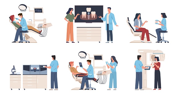 Dentist with patient. Modern dentistry, people at doctors appointment, oral cavity examination, teeth panoramic image, orthodontist clinic interior, nowaday vector cartoon flat style isolated set