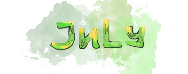 istock Multicolor Watercolor lettering July on blot. Green and yellow color 1443405499