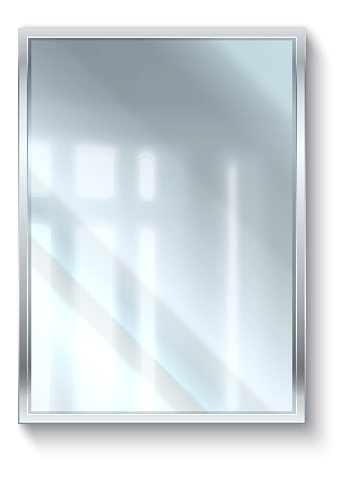 Realistic mirror. 3D reflective glass surface in metal frame. Geometric square shape. Isolated hanging on wall interior decor element. Bathroom or bedroom furniture. Vector apartment furnishing object