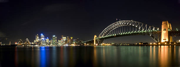 istock Sydney harbour bridge panorama, skyline at night 144340704