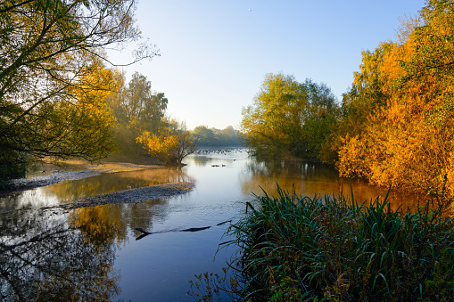 Sunrise on a cold misty autumn morning besides Mill Lakes in Bestwood,  Nottinghamshire.