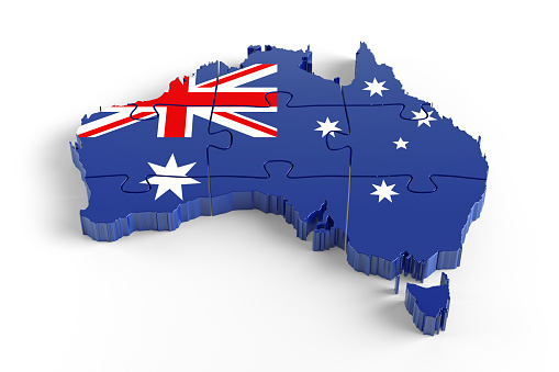 Flag Colors Puzzle Australia Map Design. 3d Rendering